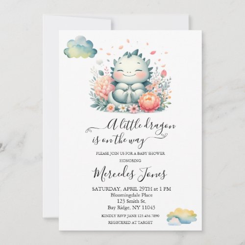 Watercolor Baby Dragon With Flowers and Butterfly  Invitation