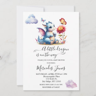 Watercolor Baby Dragon With Flowers and Butterfly Invitation