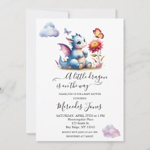 Watercolor Baby Dragon With Flowers and Butterfly  Invitation