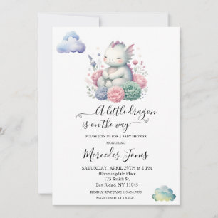 Watercolor Baby Dragon With Flowers Rainbow Art Invitation