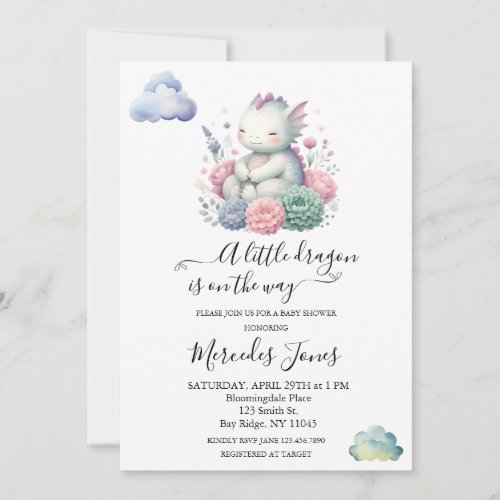 Watercolor Baby Dragon With Flowers Rainbow Art  Invitation