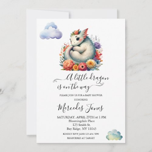 Watercolor Baby Dragon With Flowers Rainbow Art  Invitation