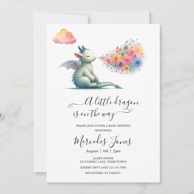 Watercolor Baby Dragon With Flowers Rainbow Art  Invitation (Front)