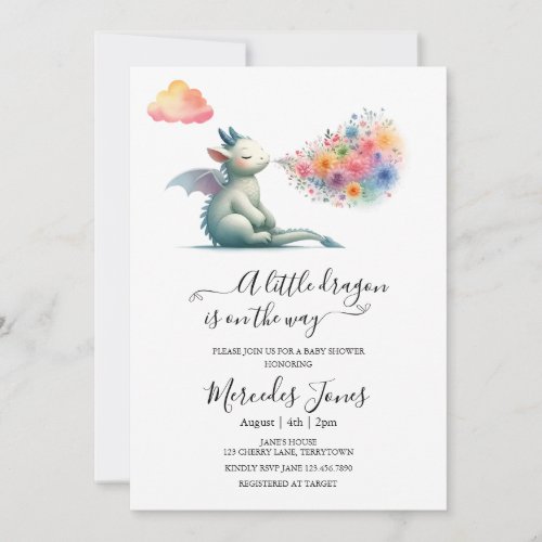 Watercolor Baby Dragon With Flowers Rainbow Art  Invitation