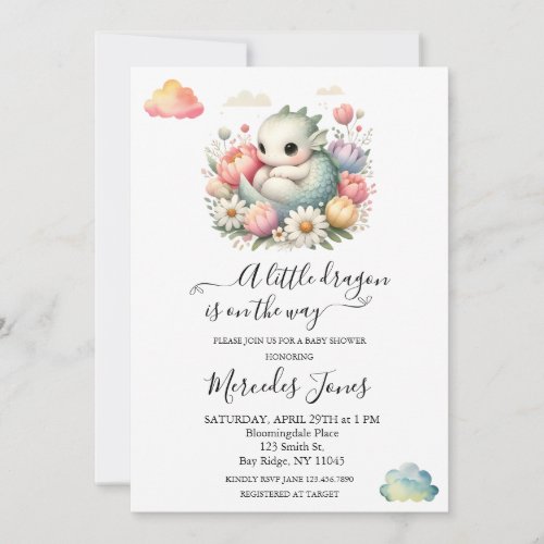 Watercolor Baby Dragon With Flowers Rainbow Art  Invitation