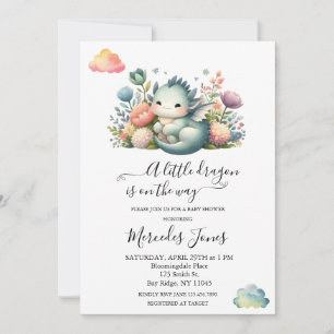 Watercolor Baby Dragon With Flowers Rainbow Art Invitation