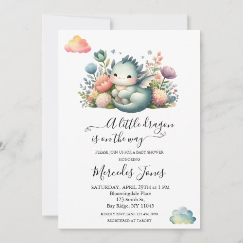 Watercolor Baby Dragon With Flowers Rainbow Art  Invitation