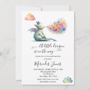 Watercolor Baby Dragon With Flowers Rainbow Art Invitation
