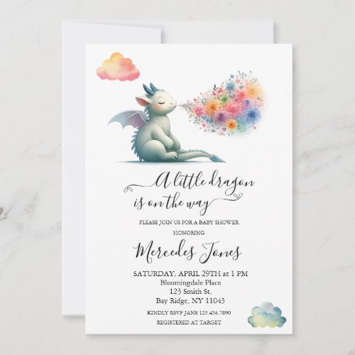 Watercolor Baby Dragon With Flowers Rainbow Art  Invitation