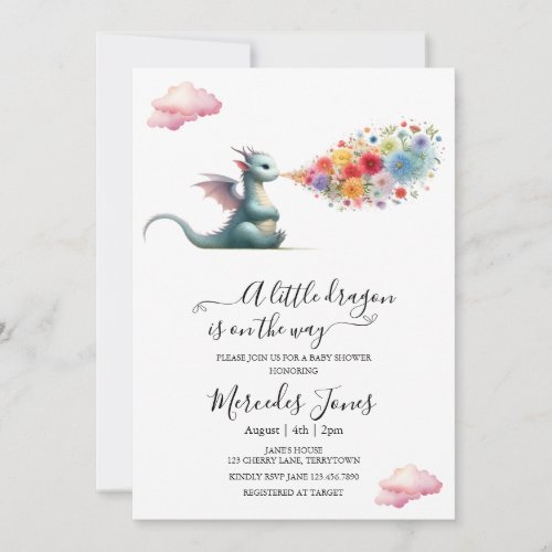 Watercolor Baby Dragon With Rainbow Flowers Art  Invitation