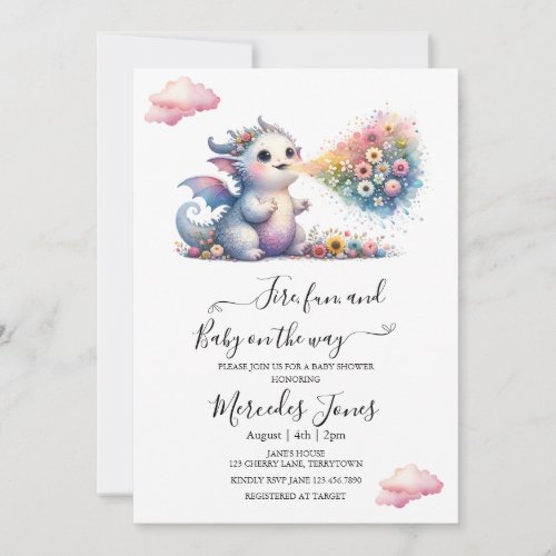 Watercolor Baby Dragon With Rainbow Flowers Fire Invitation