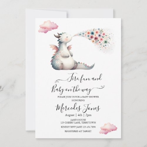 Watercolor Baby Dragon With Rainbow Flowers Fire Invitation