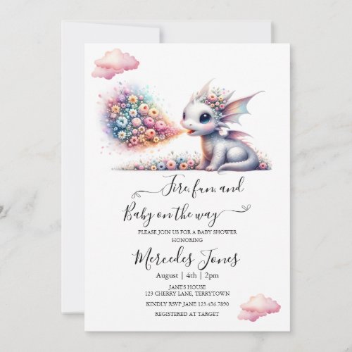 Watercolor Baby Dragon With Rainbow Flowers Fire Invitation