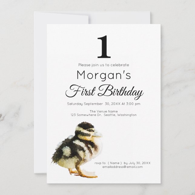 Watercolor Baby Duck 1st Birthday Party Invitation (Front)