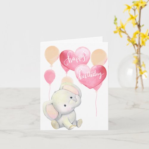 Watercolor Baby Elephant and Ballons Birthday Card