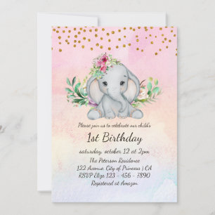 Watercolor Baby Elephant and Flowers 1st Birthday Invitation