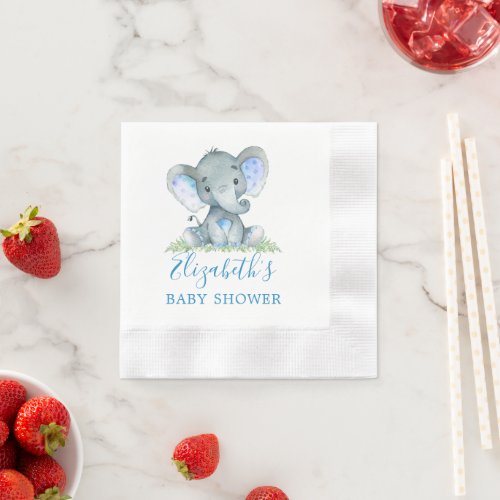 Watercolor Baby Elephant Baby Shower Blue Napkins
