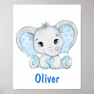 Watercolor Baby Elephant Blue Boy Nursery Poster