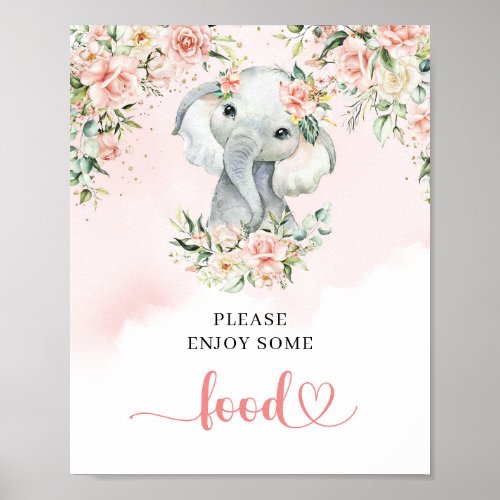 Watercolor baby elephant blush floral gold food poster