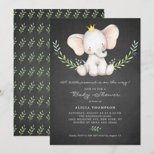 Watercolor Baby Elephant Chalkboard Baby Shower Invitation (Front/Back)
