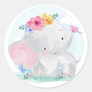 Watercolor Baby Elephant Classic Round Sticker
