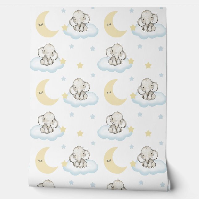 Watercolor Baby Elephant Clouds Stars Sleepy Moon  Wallpaper (Unrolling)