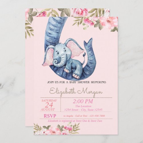 Watercolor Baby Elephant Floral Baby Shower Invitation
