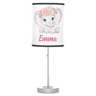 Watercolor Baby Elephant Floral Girl Nursery Table Lamp
