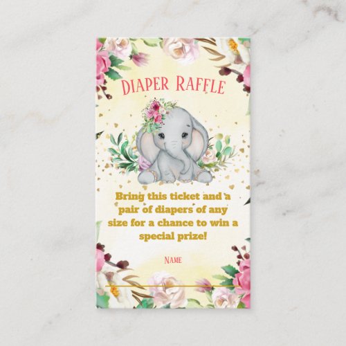 Watercolor Baby Elephant Flowers Diaper Raffle Enclosure Card