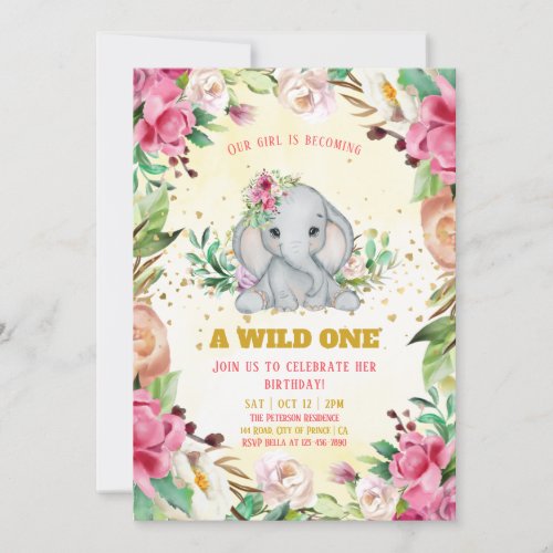 Watercolor Baby Elephant Flowers Girl Birthday Invitation