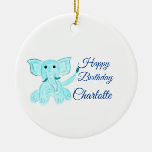 Watercolor baby elephant happy birthday add name ceramic ornament