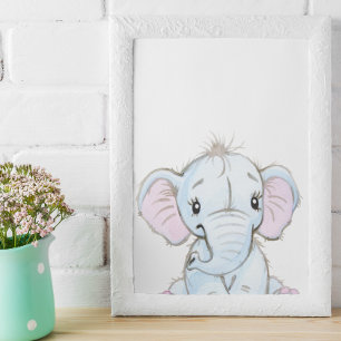 Watercolor Baby Elephant Nursery Adorable Poster