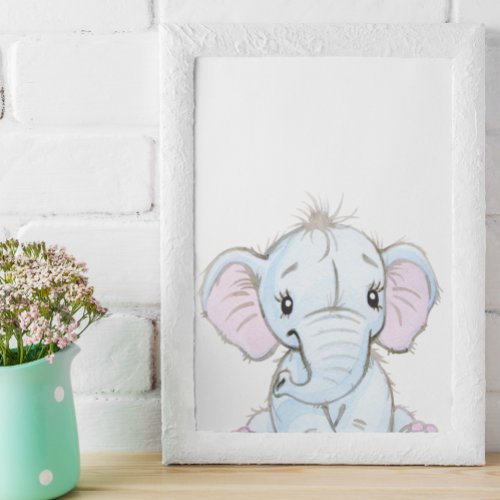 Watercolor Baby Elephant Nursery Adorable Poster