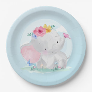 Watercolor Baby Elephant Paper Plates