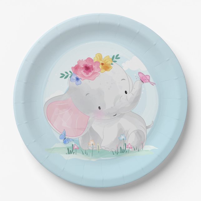 Watercolor Baby Elephant Paper Plates (Front)