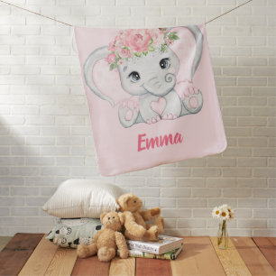 Watercolor Baby Elephant Pink Floral Girl Nursery Blanket