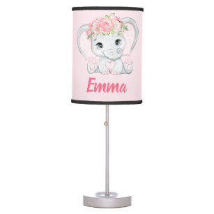 Watercolor Baby Elephant Pink Floral Girl Nursery Table Lamp