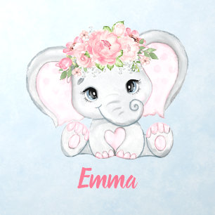 Watercolor Baby Elephant Pink Floral Girl Nursery Wall Decal