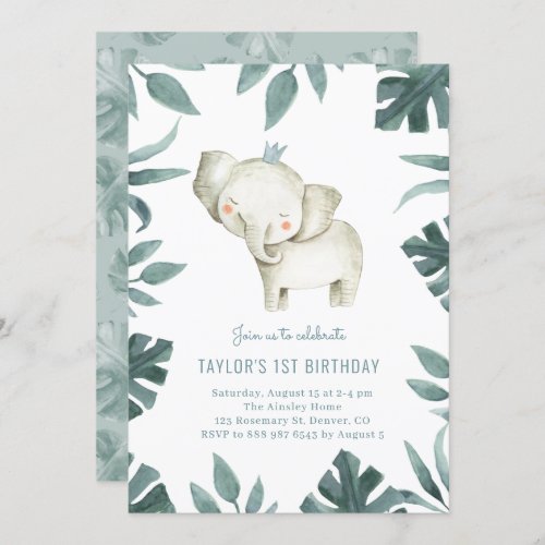 Watercolor Baby Elephant Prince Safari Birthday Invitation