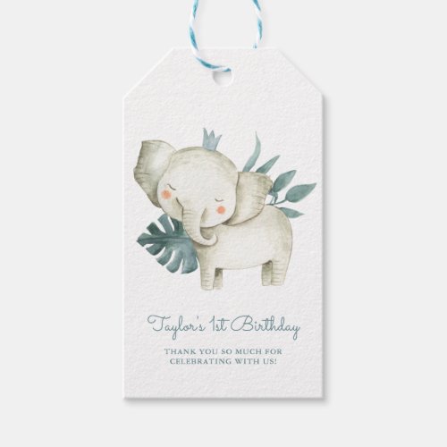 Watercolor Baby Elephant Prince Tropical Birthday Gift Tags