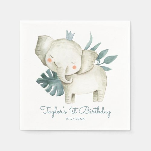 Watercolor Baby Elephant Prince Tropical Birthday Napkins