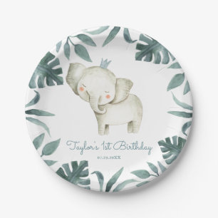 Watercolor Baby Elephant Prince Tropical Birthday Paper Plates