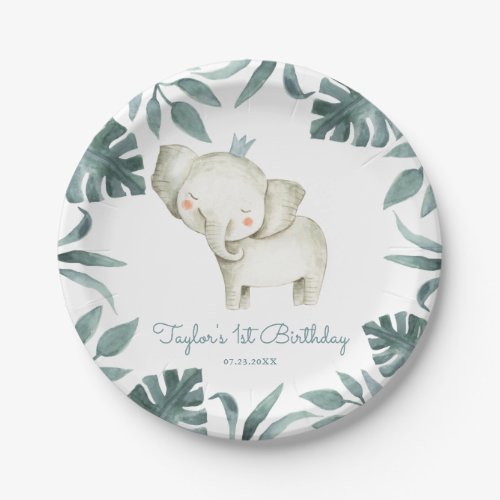 Watercolor Baby Elephant Prince Tropical Birthday Paper Plates