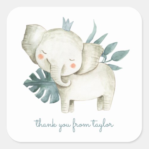 Watercolor Baby Elephant Prince Tropical Thank You Square Sticker