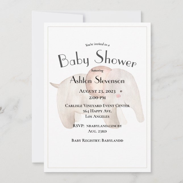 Watercolor Baby Elephant Simple Baby Shower Invitation (Front)
