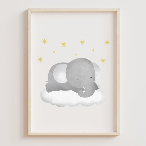 Watercolor Baby Elephant Stars Cloud Nursery Poster