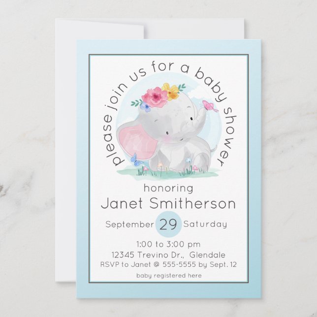 Watercolor Baby Elephant with Flowers Baby Shower Invitation (Front)