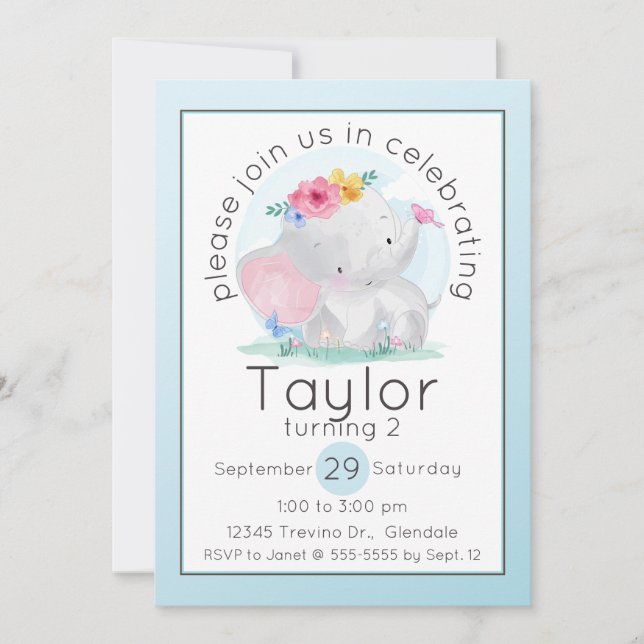 Watercolor Baby Elephant with Flowers Birthday Invitation (Front)