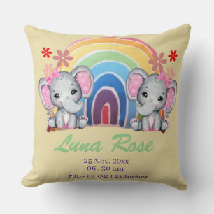 Watercolor Baby Elephants with Rainbow Birth Stats Throw Pillow