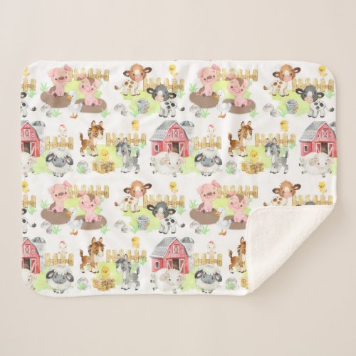 Watercolor Baby Farm Animals Nursery  Fleece Blank Sherpa Blanket